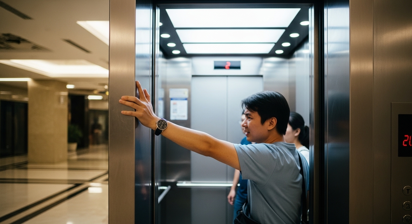 Không dùng tay giữ cửa thang máy