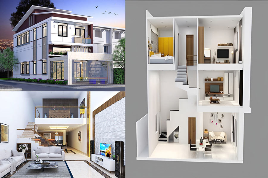 Thiết kế nhà đẹp 2 tầng có gác lửng